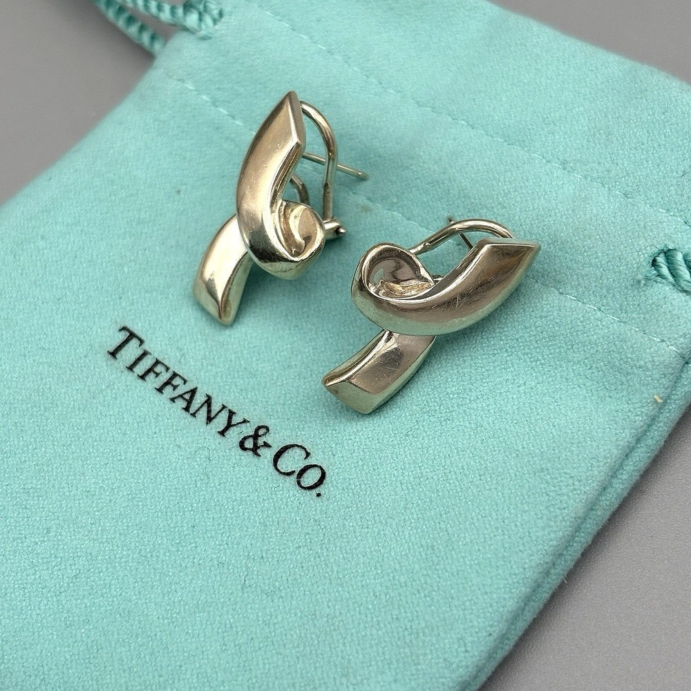 Tiffany & Co Pierced Earrings Sterling Silver 925 Paloma Picasso Ribbon LARGE